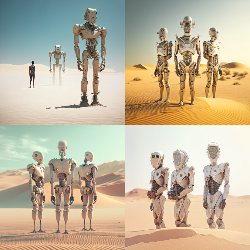 AI-generated image that shows a gathering of robots in the desert, it could illustrate a virtual reality VR concepts