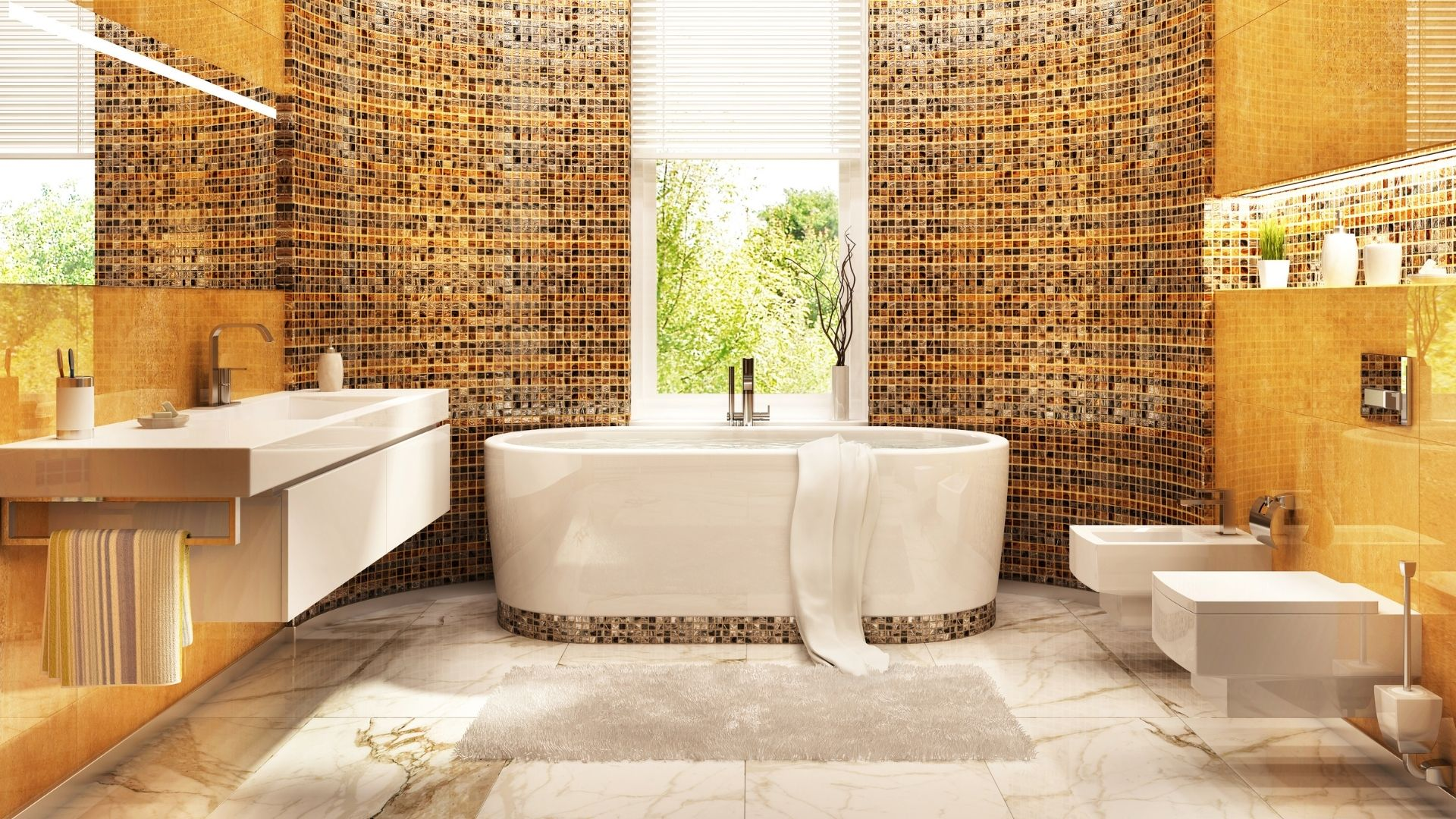 Rustic bathroom style with floating vanity, toilet, and tub