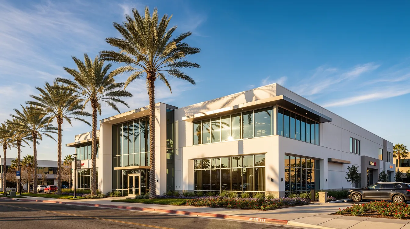 The image depicts a modern commercial building exterior in Orange County, surrounded by palm trees under a clear blue sky, showcasing the vibrant atmosphere typical of the area. This property could attract potential tenants looking for office space, with various tenant improvements possible to meet their specific needs.