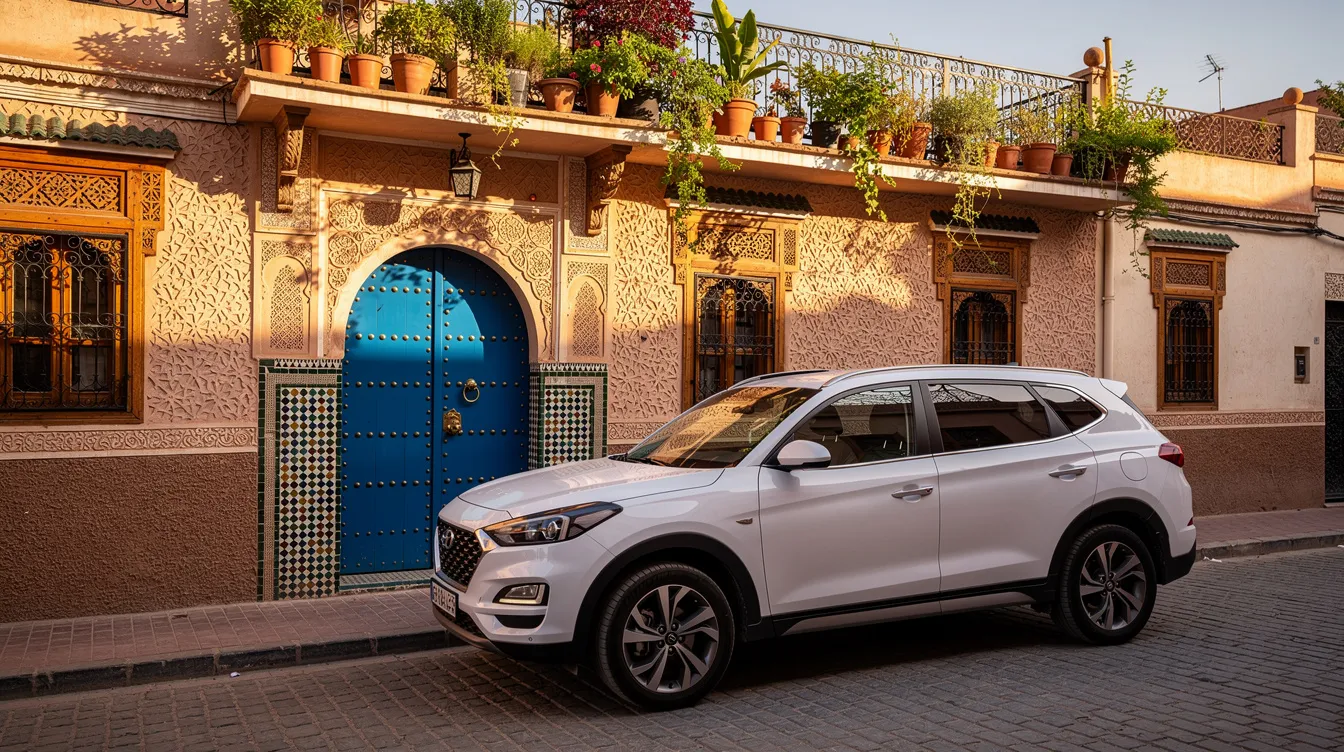 A white SUV is parked in front of a traditional Moroccan riad, featuring a vibrant blue door and lush terrace plants. This picturesque setting highlights the local culture and offers a charming backdrop for visitors seeking a vacation rental or short walk to the city center.