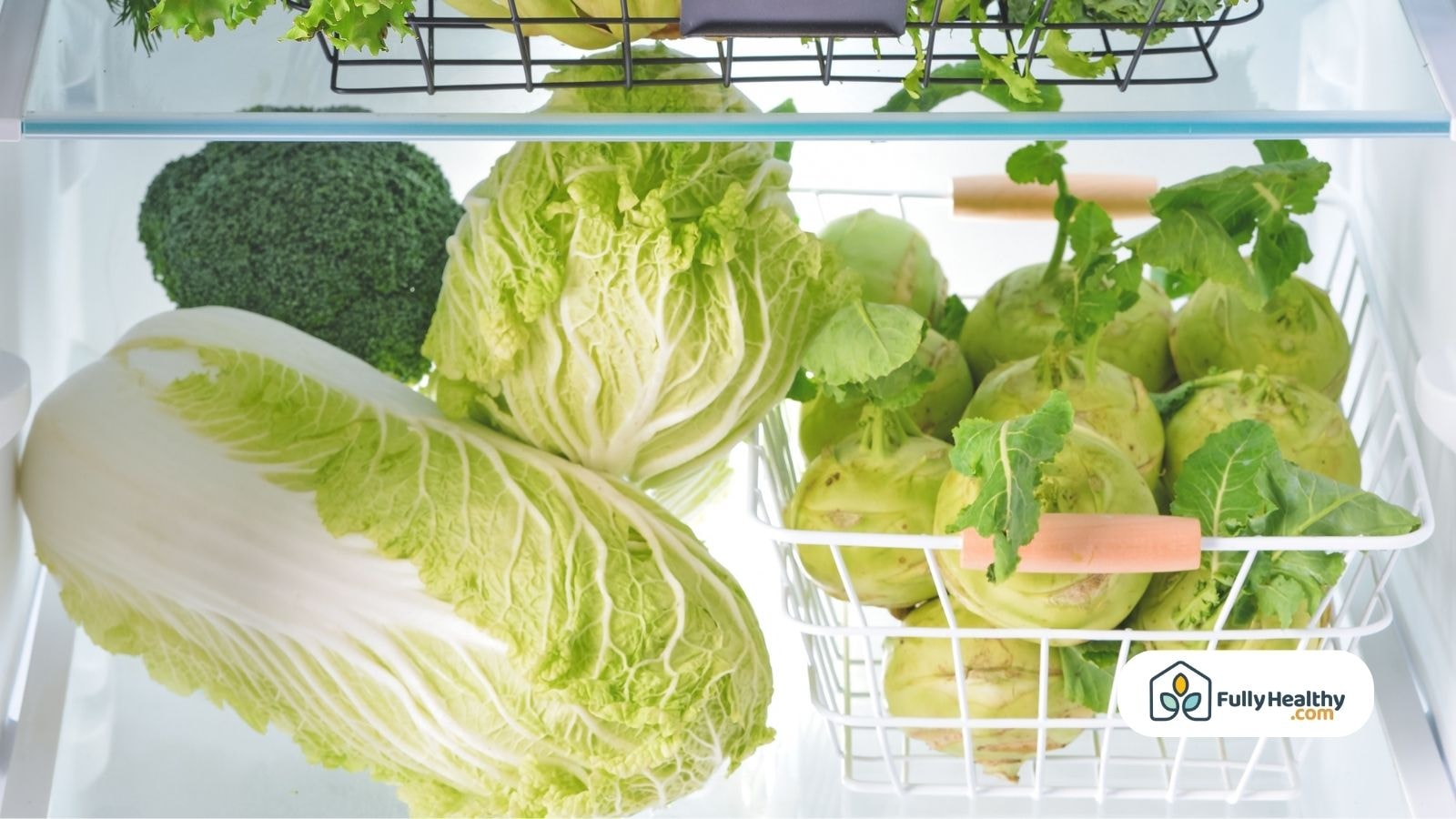 Fresh napa cabbage and kohlrabi stored inside refrigerator