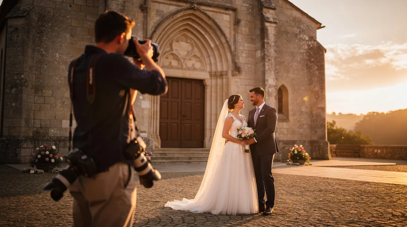 Ein Fotograf mit zwei Kameras um den Hals, darunter möglicherweise eine Canon EOS oder eine Nikon, fängt das Brautpaar in warmem Abendlicht vor einer Kirche ein. Die Szene strahlt Romantik aus und zeigt die Bedeutung von hochwertigem Equipment für Hochzeitsfotos.