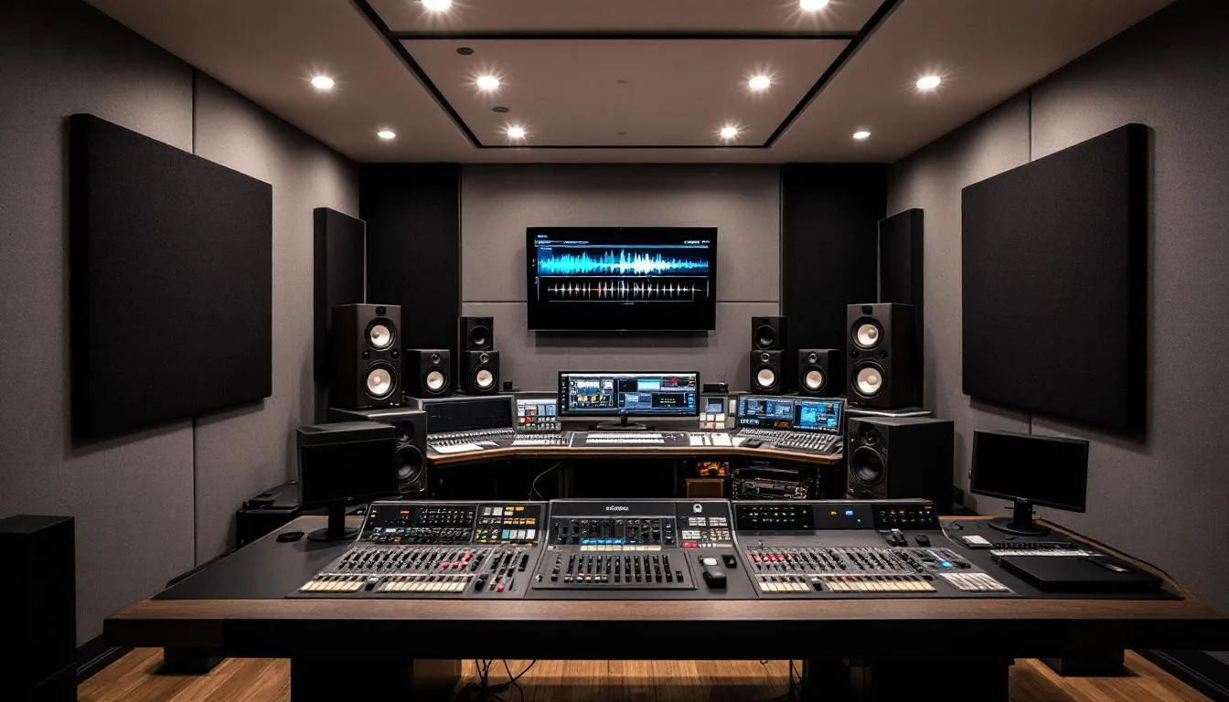 The image depicts a professional audio mixing studio equipped with multiple speakers and an immersive sound setup, designed for creating spatial audio experiences. This environment is ideal for sound designers to edit dialogue and music, enhancing the auditory experience with surround sound and immersive audio formats.