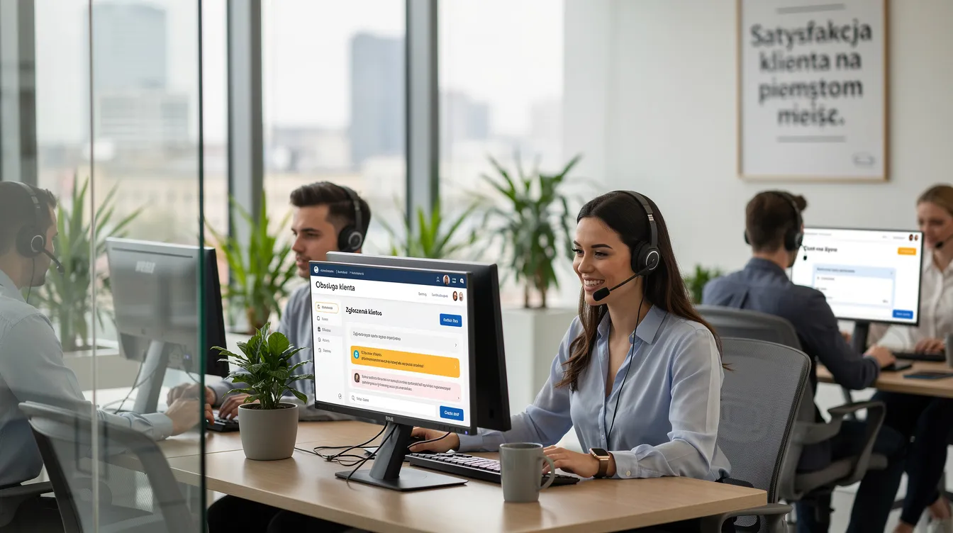 Zespół obsługi klienta pracujący przy komputerach w nowoczesnym biurze, korzystający z oprogramowania helpdesk do sprawnego zarządzania zgłoszeniami serwisowymi. Pracownicy koncentrują się na rozwiązywaniu problemów technicznych, zapewniając wsparcie techniczne użytkownikom końcowym.