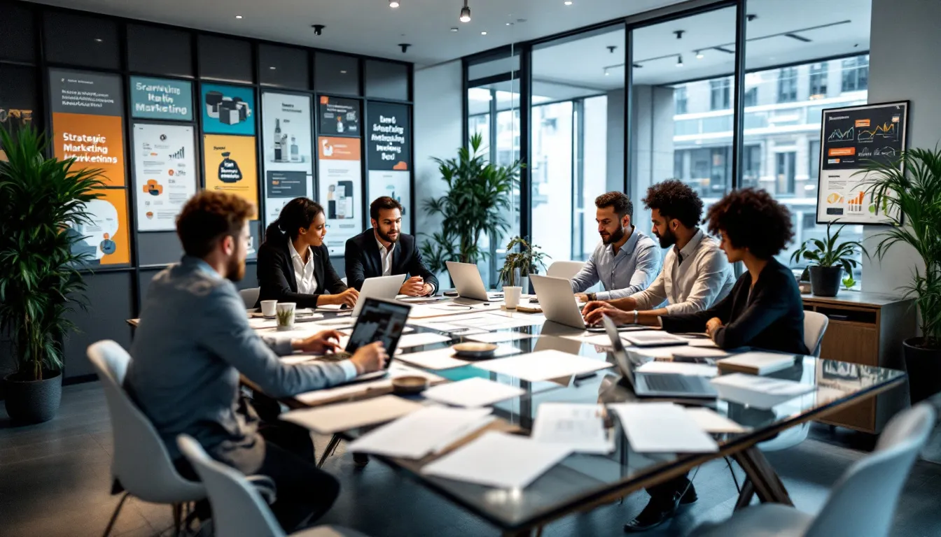 The image illustrates various elements of strategic brand marketing campaigns, showcasing concepts like brand identity, target audience, and successful marketing efforts. It highlights the importance of brand awareness campaigns and social media marketing in building brand recognition and engaging customers effectively.