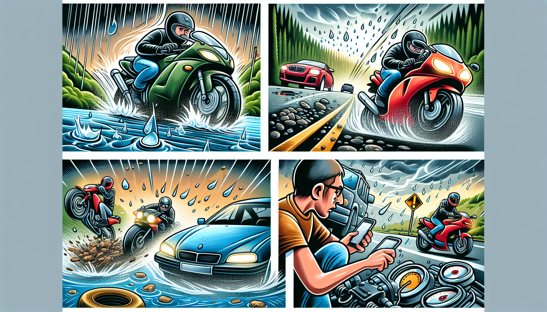 Common causes of motorcycle accidents illustrated through a cartoon.