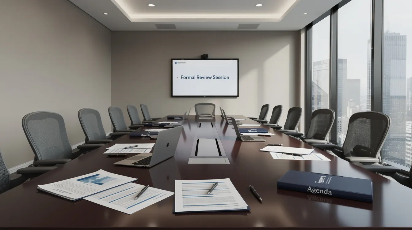 The image depicts a professional meeting room featuring a long table covered with various procurement documents, indicative of a formal hearing or review session related to the bidding process. This setting suggests discussions about bid protests, contract administration, and government contracting, emphasizing the importance of compliance and integrity in public construction projects.