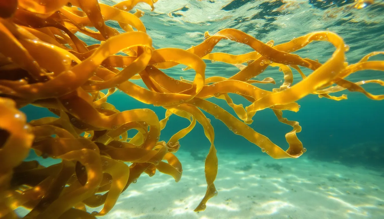The image depicts brown seaweed, specifically fucus vesiculosus, floating in clear ocean water, showcasing its distinctive air bladders. This edible brown seaweed is known for its potential health benefits, including its use as a dietary supplement for thyroid function.