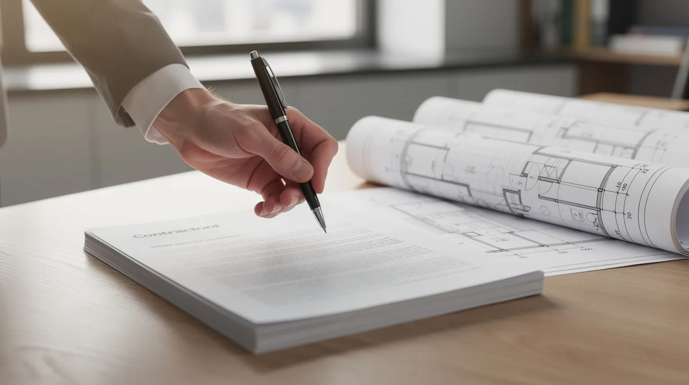 Une personne est assise à un bureau, signant un document contractuel avec un stylo. À côté, des plans de construction sont étalés, illustrant les détails d'un projet de construction, essentiel pour le maître d'ouvrage dans la gestion des opérations.