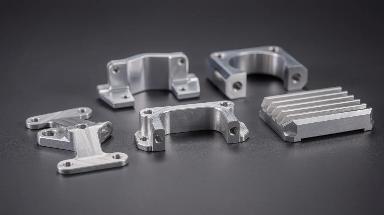 The image features an assortment of precision-machined aluminum and stainless steel parts, including brackets, housings, and heat sinks, neatly arranged on a dark surface. These components exemplify the high precision and quality control associated with the CNC machining process, showcasing the capabilities of modern CNC systems in the manufacturing industry.