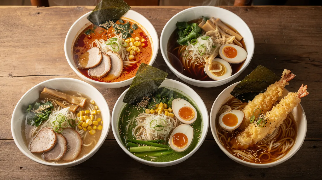 Five vibrant bowls of ramen arranged on a wooden table, each filled with a variety of colorful ingredients like soft boiled eggs, green onions, and bok choy.