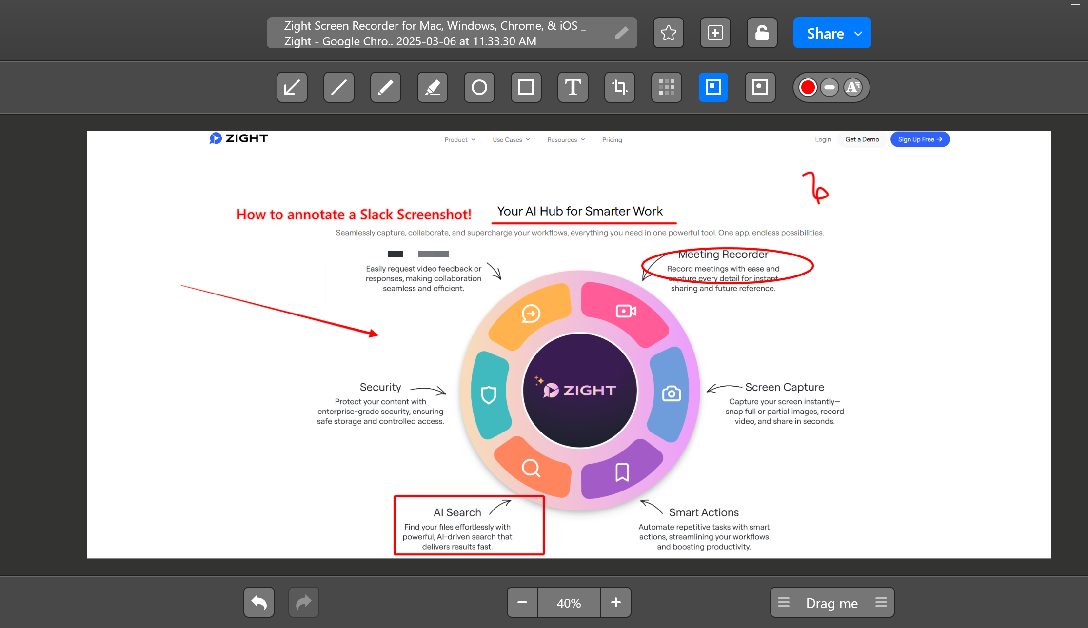 Annotating a Slack Screenshot on the zight app