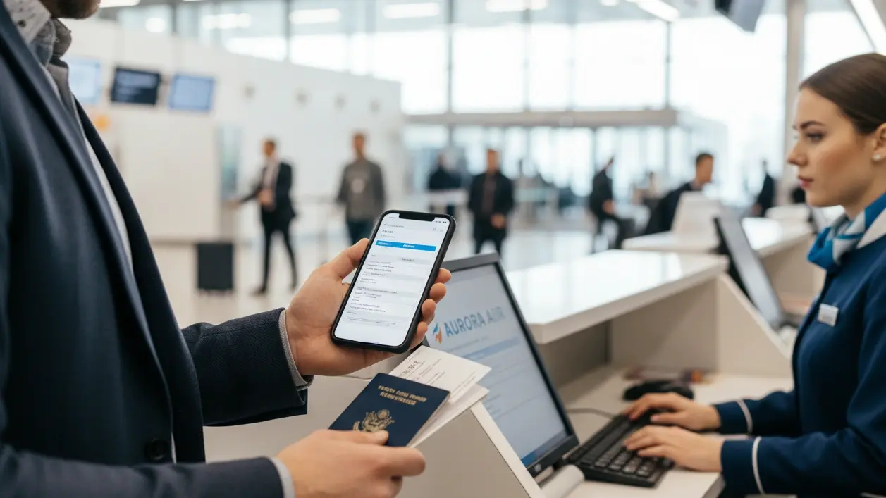 Airline check-in staff reviewing onward ticket proof for corporate traveler