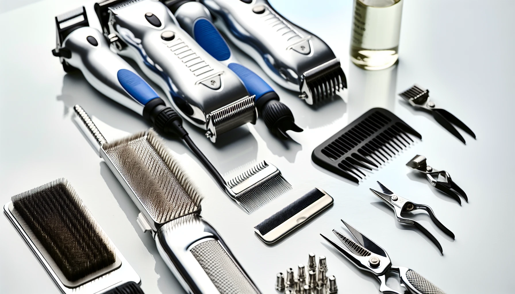 A variety of dog grooming clippers and accessories