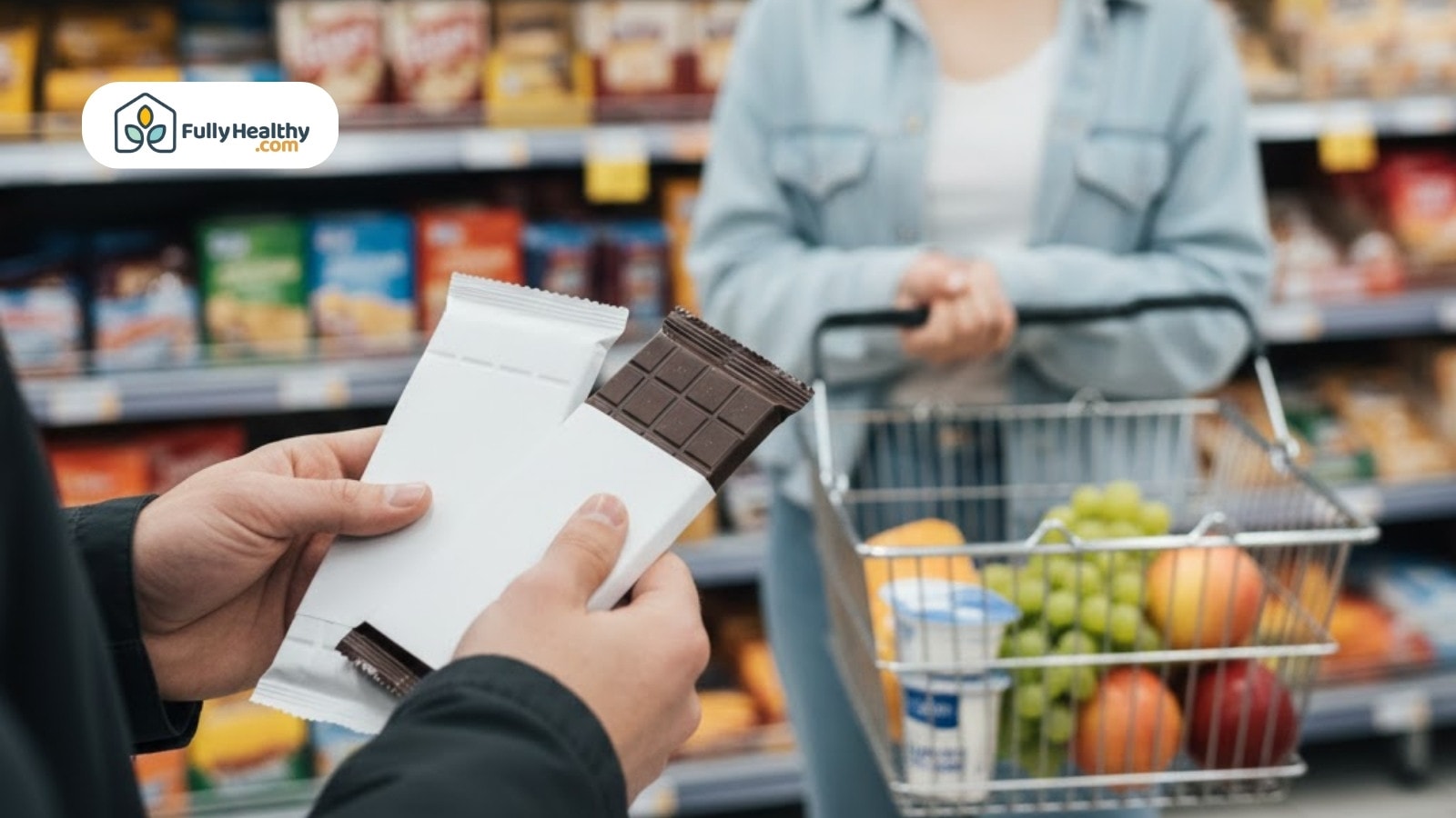 Person shopping compares two chocolate bars beside cart filled with fruit and groceries