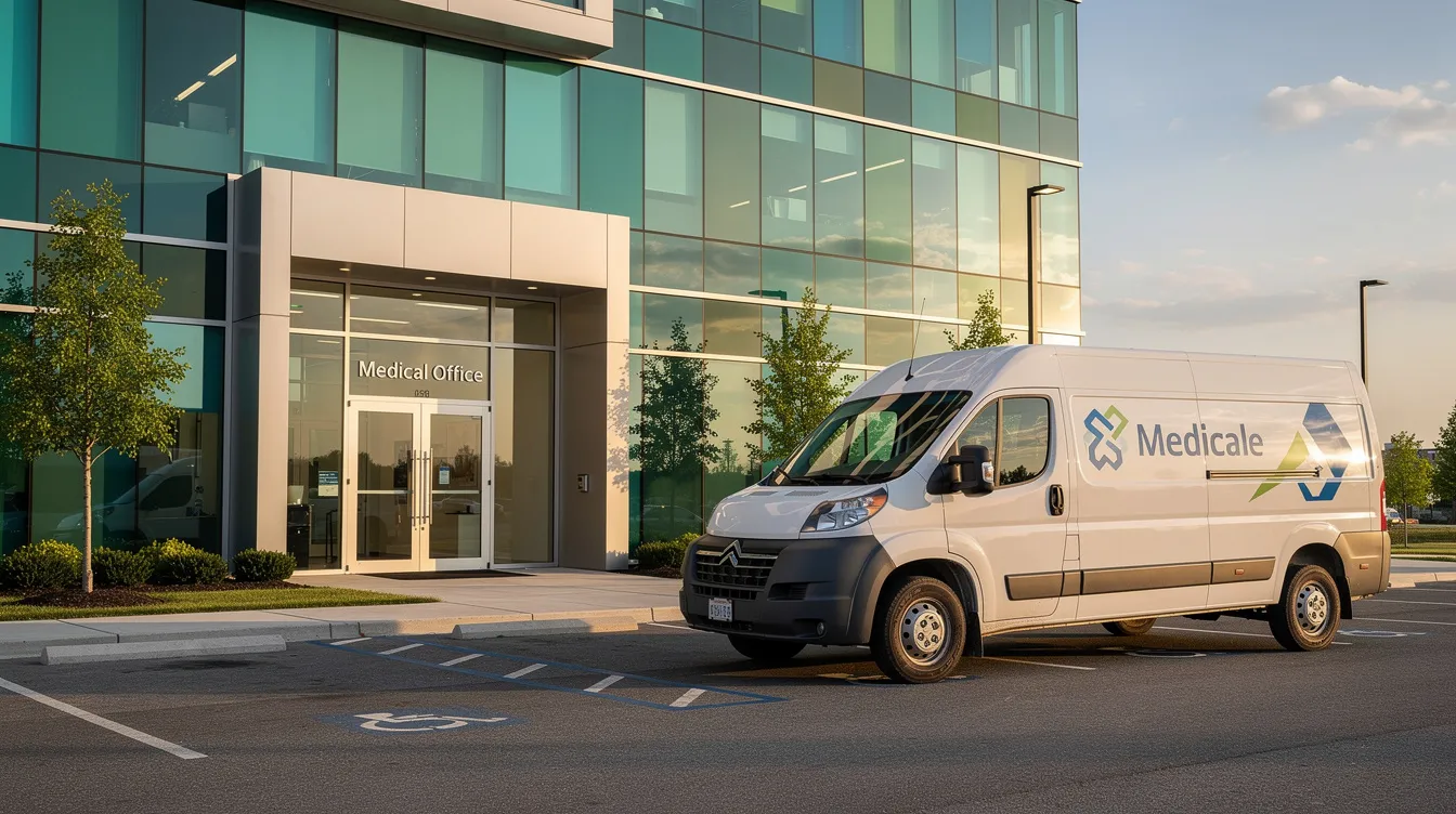 A mobile installation van is parked outside a modern medical office building featuring sleek, tinted glass windows. This scene highlights the importance of data protection and compliance with privacy laws, as businesses increasingly focus on safeguarding customer data against potential data breaches.