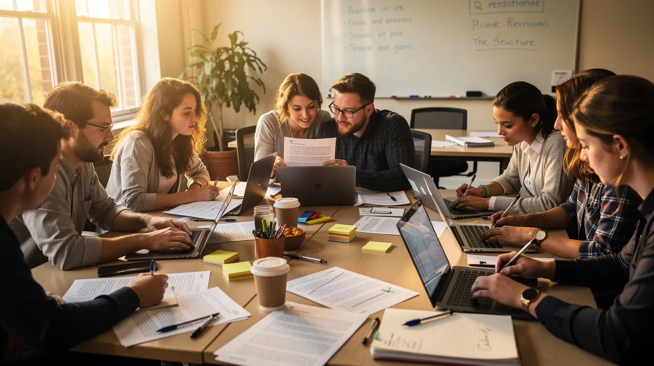 The image depicts a vibrant writing workshop where students are engaged in reviewing their printed drafts and collaborating on laptops at a classroom table, emphasizing the importance of academic writing and critical thinking in their writing process. The scene illustrates students actively working on writing assignments, showcasing the integration of both traditional and AI-assisted writing tools to enhance their writing skills and foster effective written communication.