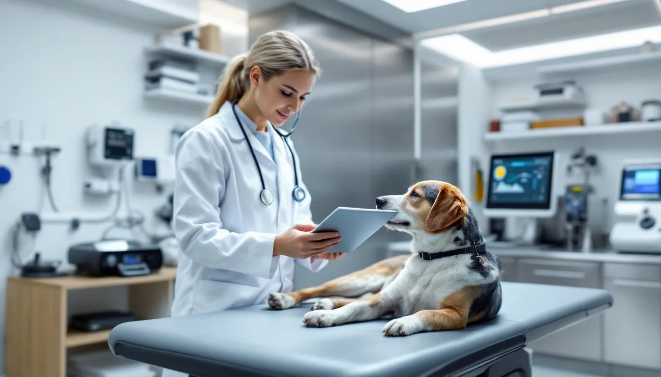 A veterinarian is examining a dog using modern scientific equipment, focusing on the dog