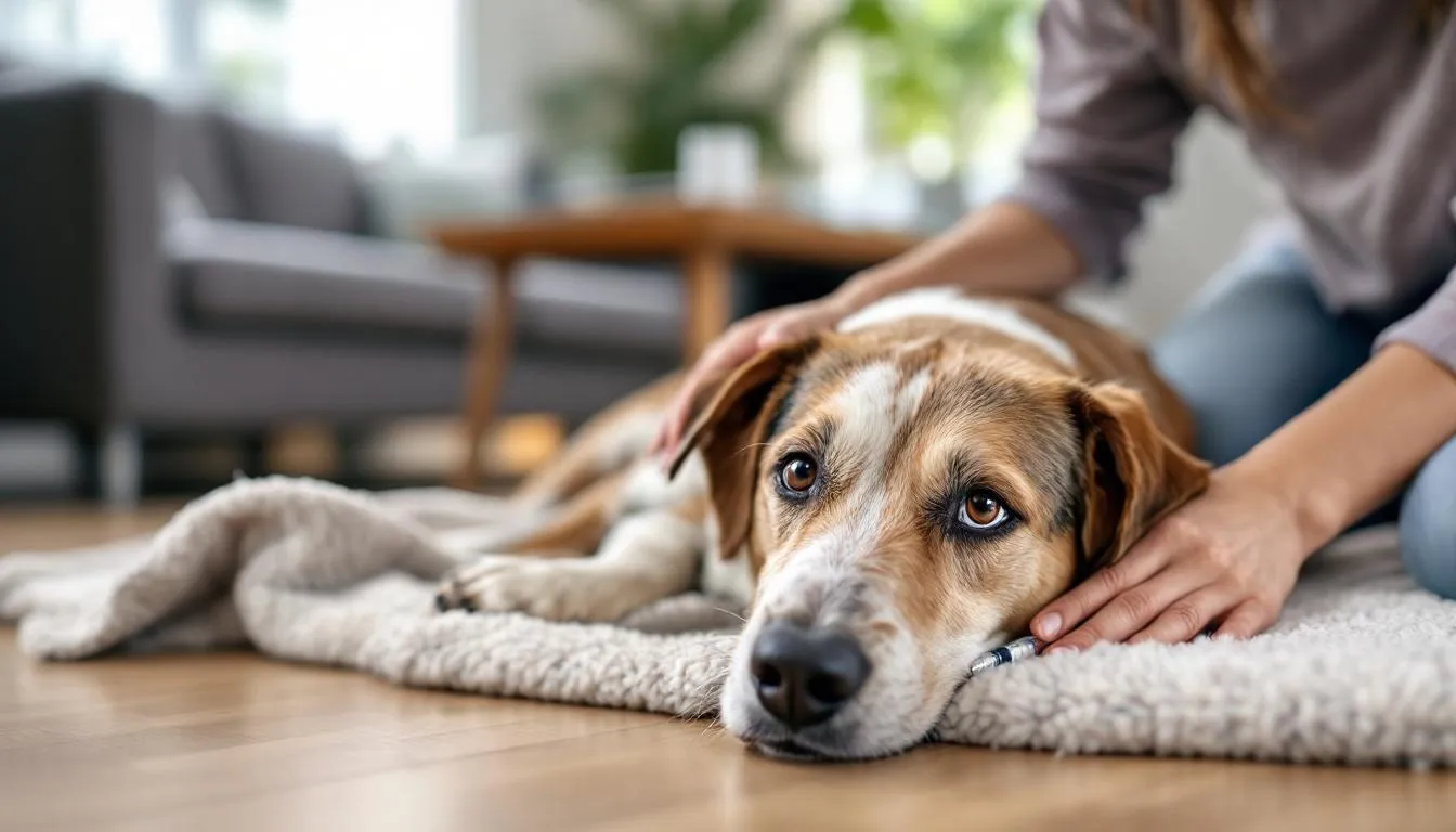 A dog is receiving subcutaneous fluid therapy at home, assisted by its owner, to help manage chronic kidney disease. The owner gently holds the dog as fluids are administered, highlighting the importance of at-home care for dogs experiencing kidney failure.
