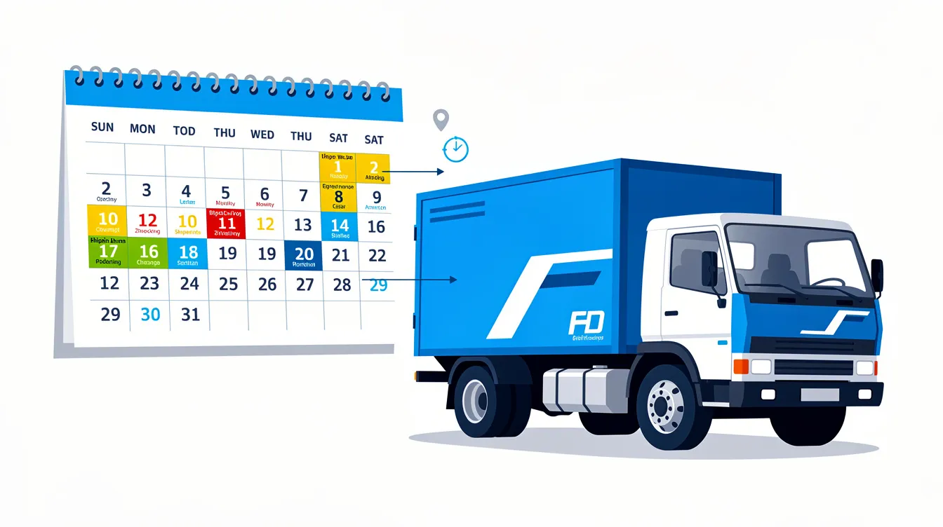 The image features a delivery truck alongside a calendar that outlines a shipping timeline, symbolizing the logistics involved in a dropshipping business model. This visual highlights the importance of shipping times and reliable suppliers for store owners looking to succeed in their online ventures.