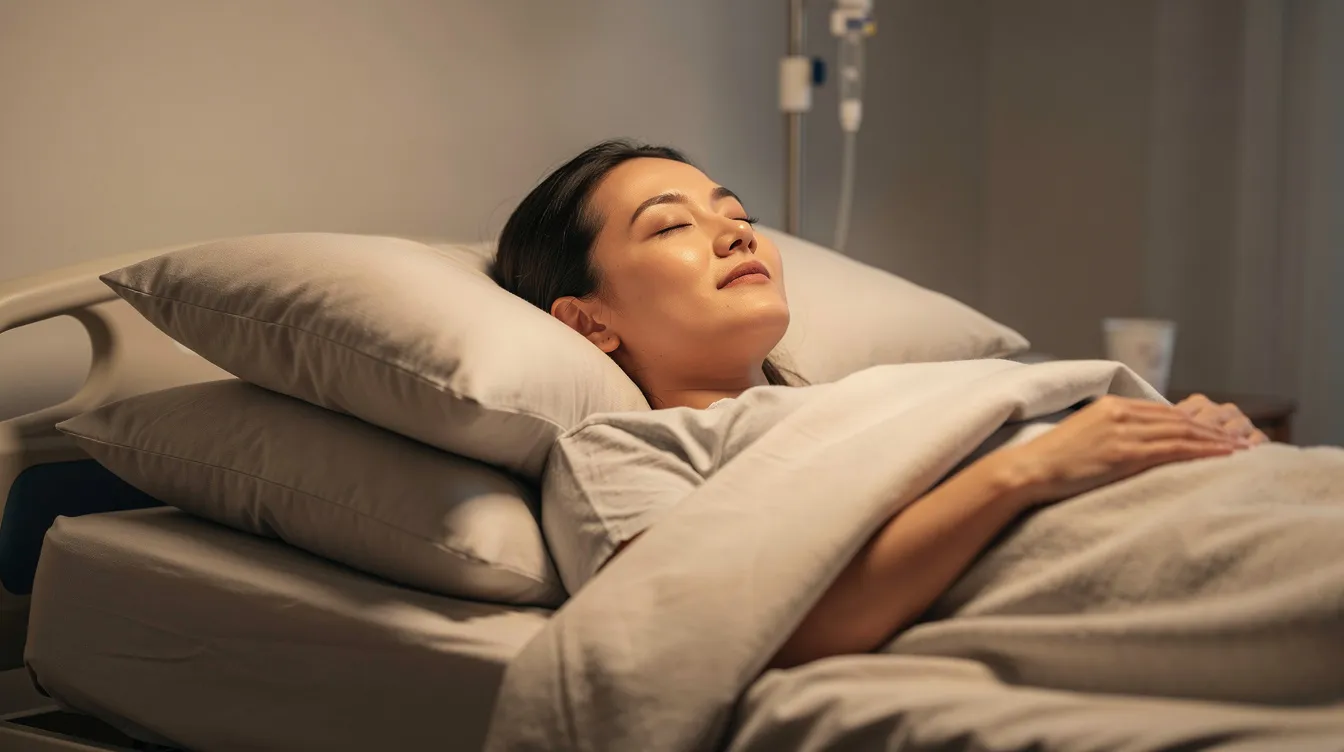 A person is resting comfortably on elevated pillows with their eyes closed, reflecting a peaceful state during the eyelid surgery recovery process. This image captures the essence of proper healing, as they follow the surgeon's advice to keep their head elevated to minimize swelling and promote optimal recovery.