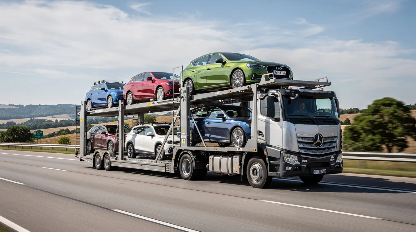 A professional car carrier truck loaded with various vehicles is seen traveling on an interstate highway, showcasing the auto transport services available for car shipping. This image highlights the efficiency of reliable car shipping companies as they transport vehicles across major routes.