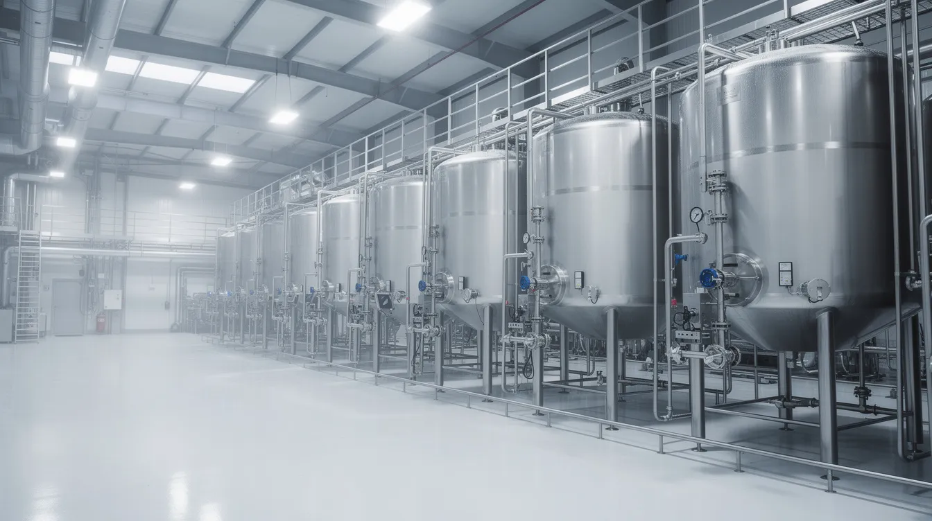 ad2d954d 7446 406e a6c0 68096690dde2 The image depicts the interior of an industrial dairy processing plant, showcasing large stainless steel tanks and extensive piping used for milk processing. This facility is designed for high efficiency in dairy production, catering to the rising consumer demand for high-quality dairy products.