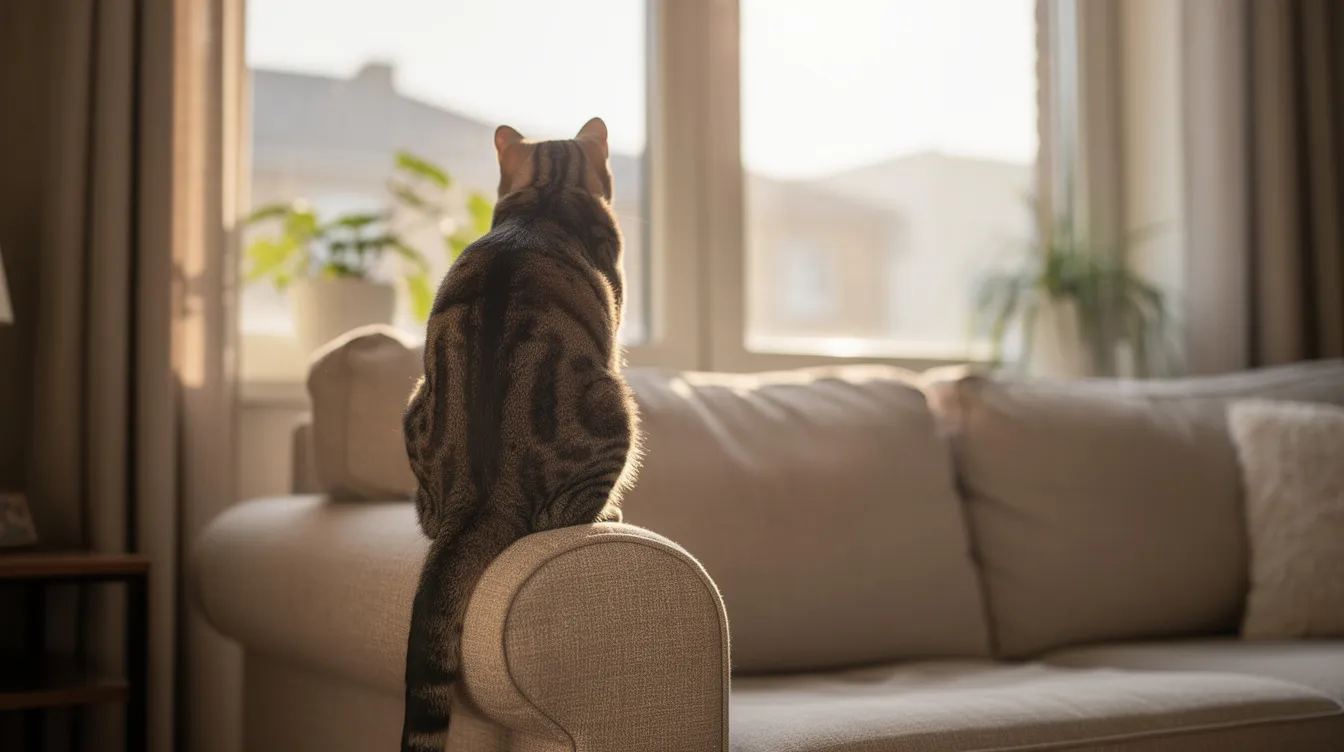 A relaxed tabby cat is comfortably perched on the armrest of a couch, facing away from the camera and gazing out of a window. This position may indicate trust and contentment, as cats often turn their back to show they feel safe in their environment.