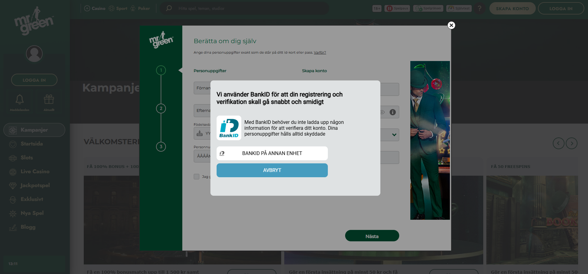 Registrering hos Mr Green med verifiering via BankID.