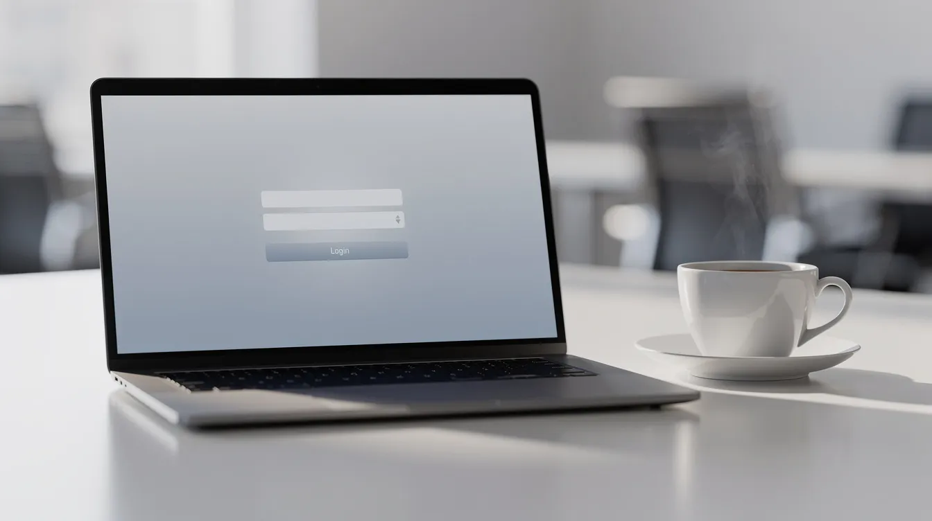 Das Bild zeigt einen Laptop mit einer geöffneten Login-Seite, die den Zugang zu Informationen über Fonds und Finanzdienstleistungen ermöglicht. Neben dem Laptop steht eine Kaffeetasse auf einem modernen Schreibtisch, der eine einladende Arbeitsumgebung schafft.