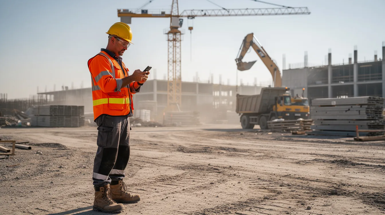 The image depicts a person standing at a large construction job site, actively using a smartphone while heavy equipment looms in the background. This scene highlights the intersection of technology and construction, emphasizing the importance of mobile optimization in today's digital strategy.