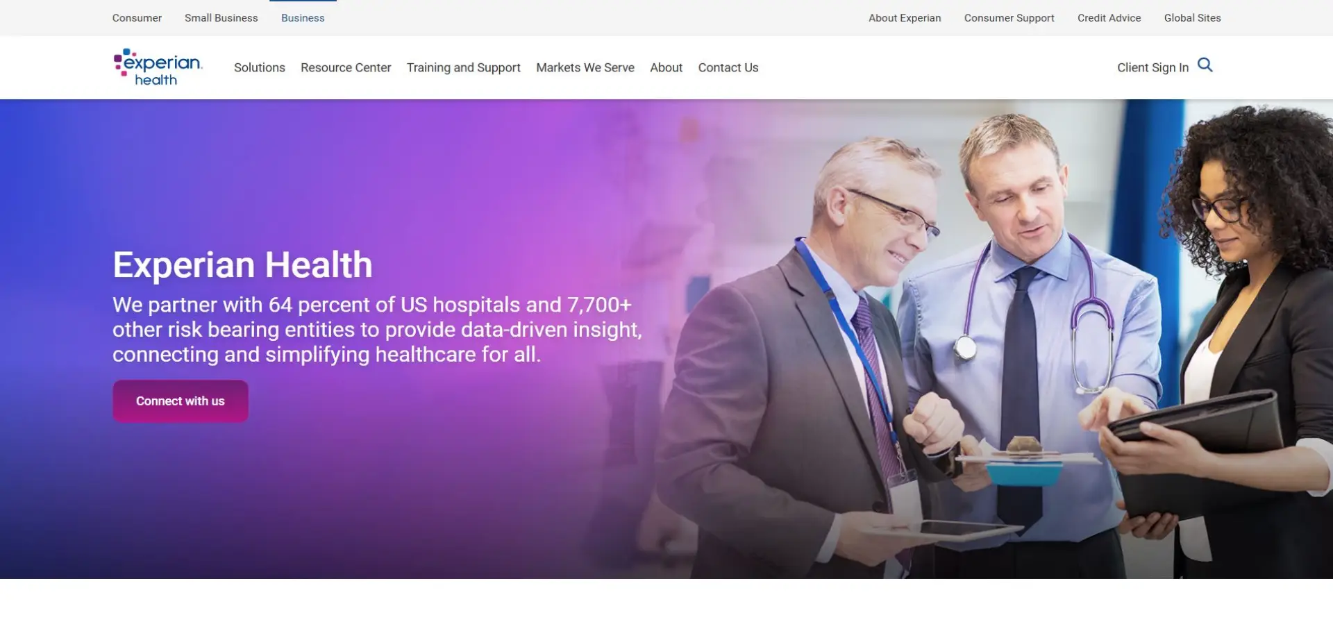 Homepage of Experian Health website