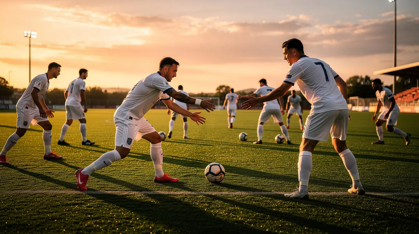 Eine Gruppe von Fußballspielern in weißen Trikots wärmt sich auf einem grünen Rasen bei Sonnenuntergang auf. Die Szene vermittelt eine spannende Atmosphäre, die an die bevorstehende WM 2026 erinnert, während die Spieler sich auf das Turnier vorbereiten.