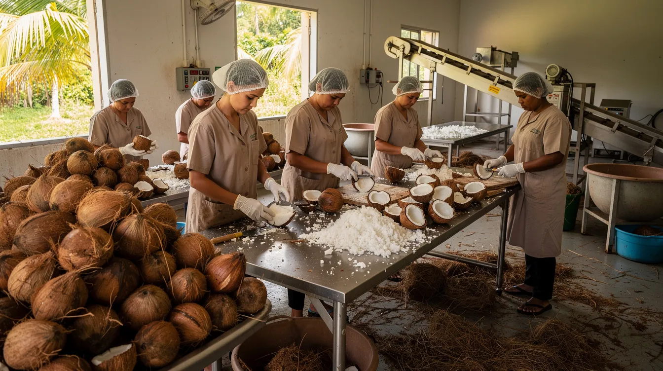 ad340189 98f8 45e5 ac48 c7e7795c062f The image depicts workers in a small coconut processing factory, diligently sorting and cutting coconuts for various products. This scene highlights a profitable small business idea in Tamil Nadu, showcasing local suppliers and skilled workforce engaged in food processing.