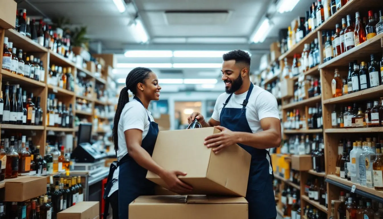 A liquor store owner is seen unpacking boxes and carefully stocking shelves with various liquor and wine bottles, showcasing the vibrant selection available in the beverage store business. This scene highlights the daily operations of liquor store businesses, where effective inventory management is essential for maintaining cash flow and meeting customer demand.
