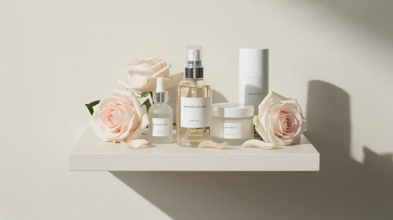The image features a minimal skincare shelf showcasing glass containers filled with organic rose water and natural oils, alongside a rose water spray mist bottle. This arrangement highlights the calming essence of real roses, ideal for sensitive skin and hydration, making it a perfect addition to any skincare routine.