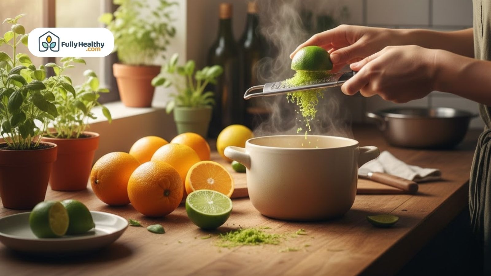 Lime being zested over steaming pot with oranges and herbs nearby