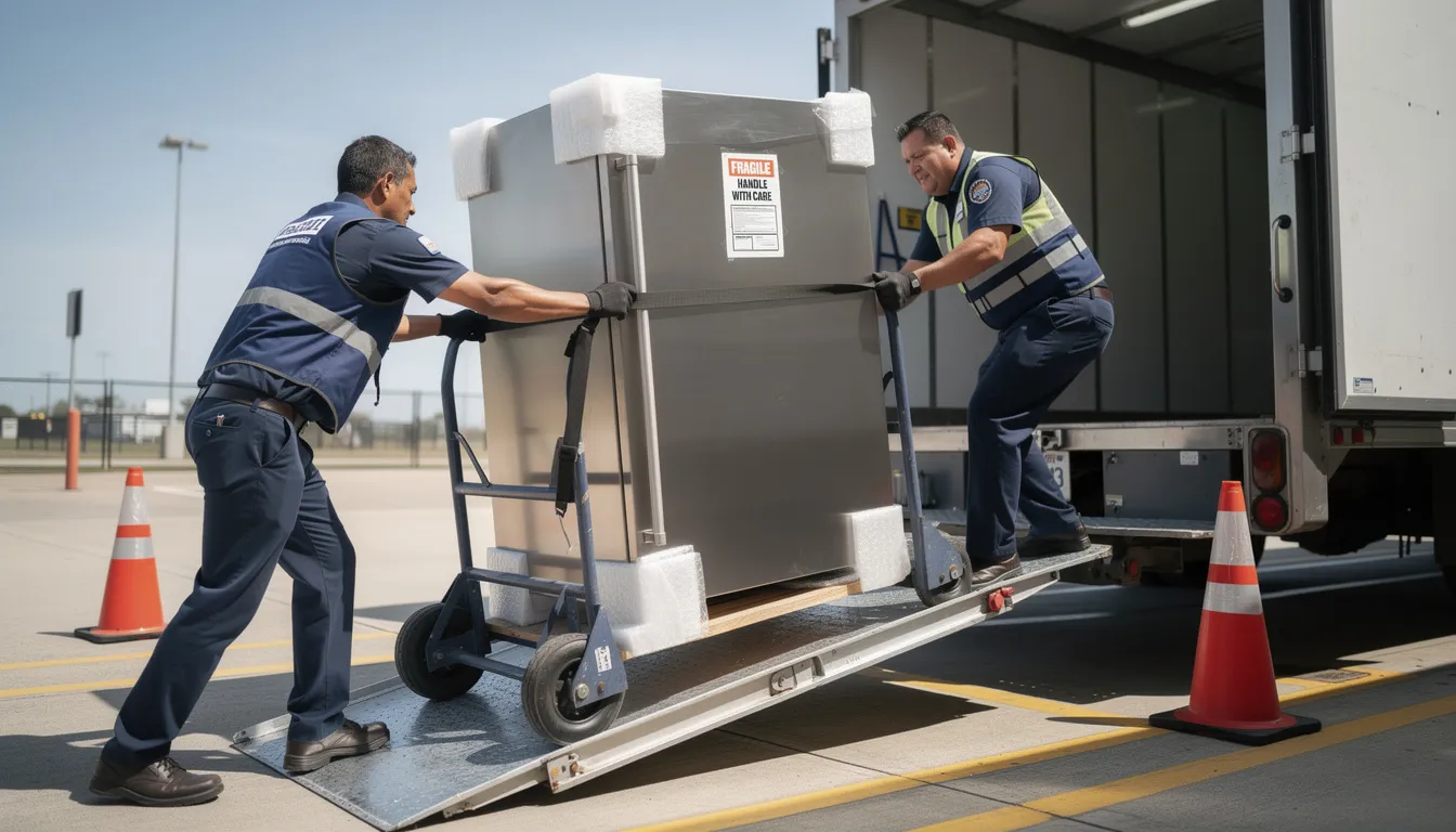 A professional, uniformed crew is safely loading a large appliance onto a truck as part of a full-service junk removal process. This efficient team handles all the heavy lifting, ensuring a stress-free experience for customers looking to rid their residential or commercial properties of unwanted items.