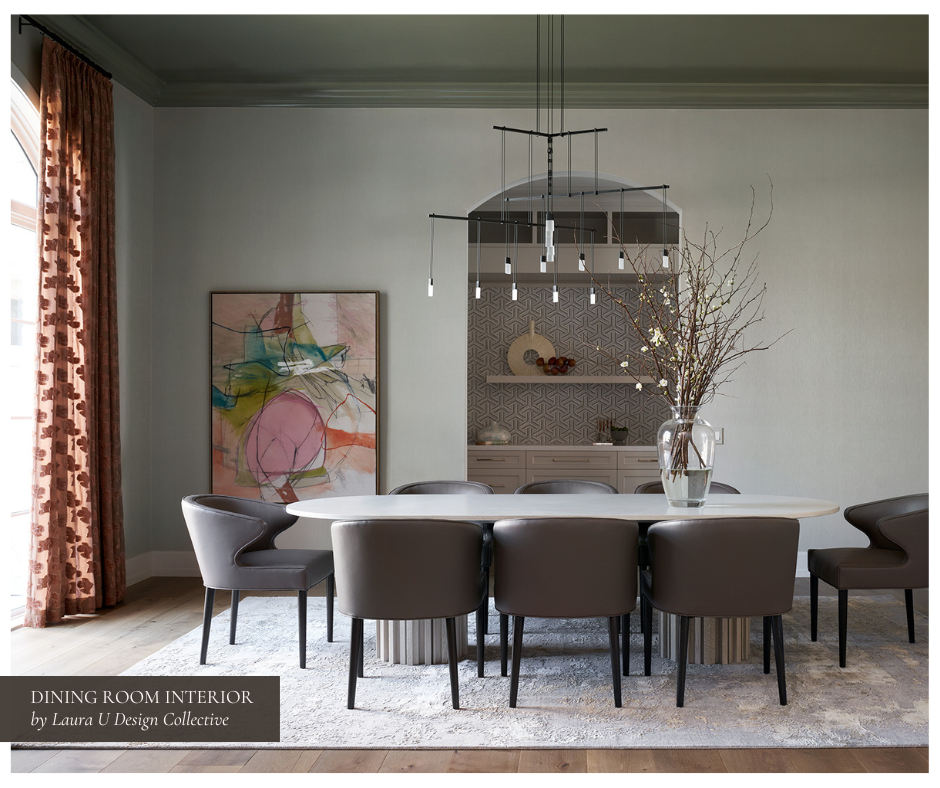 a minimalist dining room with angular chairs, abstract art, a built-in niche, and burnt orange drapes