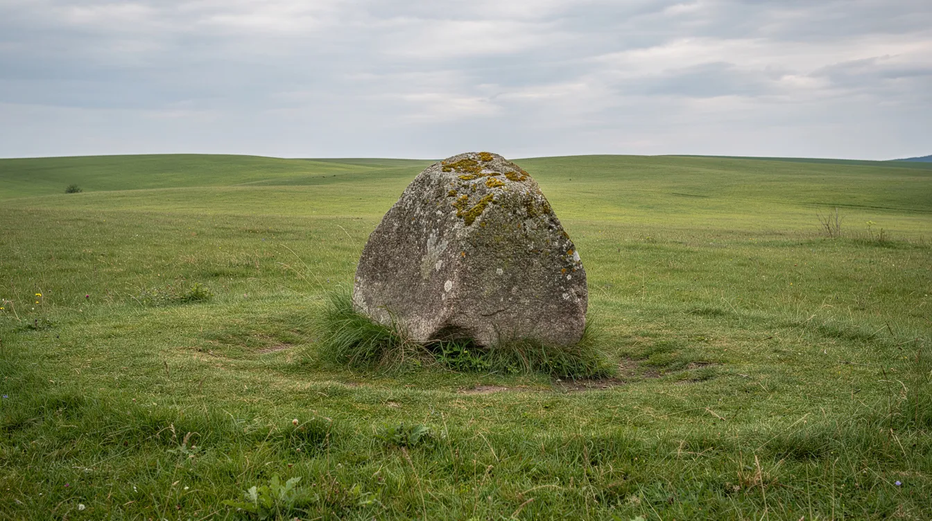 Ein großer, erratischer Felsblock steht einsam auf einer weiten, grünen Wiese, umgeben von einer flachen Landschaft ohne weitere Gesteinsbrocken. Dieser Fels ist ein Beispiel für die geologischen Formationen, die durch Gletscherbewegungen während der Eiszeit entstanden sind.