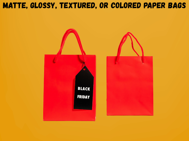 An illustration of a Custom Finishes: Matte, Glossy, Textured, or Colored Paper Bag