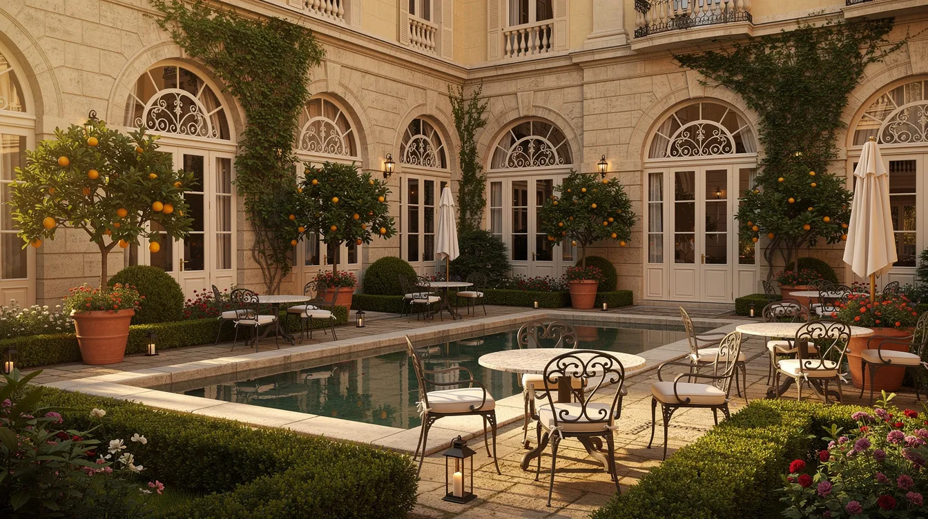 An elegant garden courtyard of a historic European boutique hotel features a small pool surrounded by lush greenery, creating a tranquil space for guests to relax. This charming location in Lisbon offers stunning views and serves as a perfect destination for visitors exploring the city's rich history and culture.