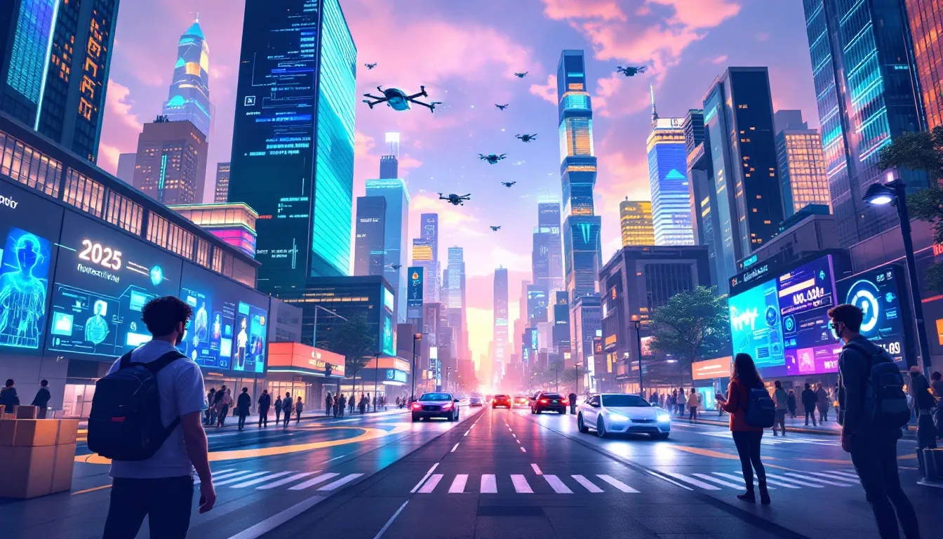 The image depicts a futuristic landscape showcasing various emerging technologies of 2025, including artificial intelligence, quantum computing, and digital agents, symbolizing a new era of innovation. Business leaders engage in collaboration, highlighting the focus on responsible AI and innovative solutions to solve complex problems and enhance efficiency across industries.