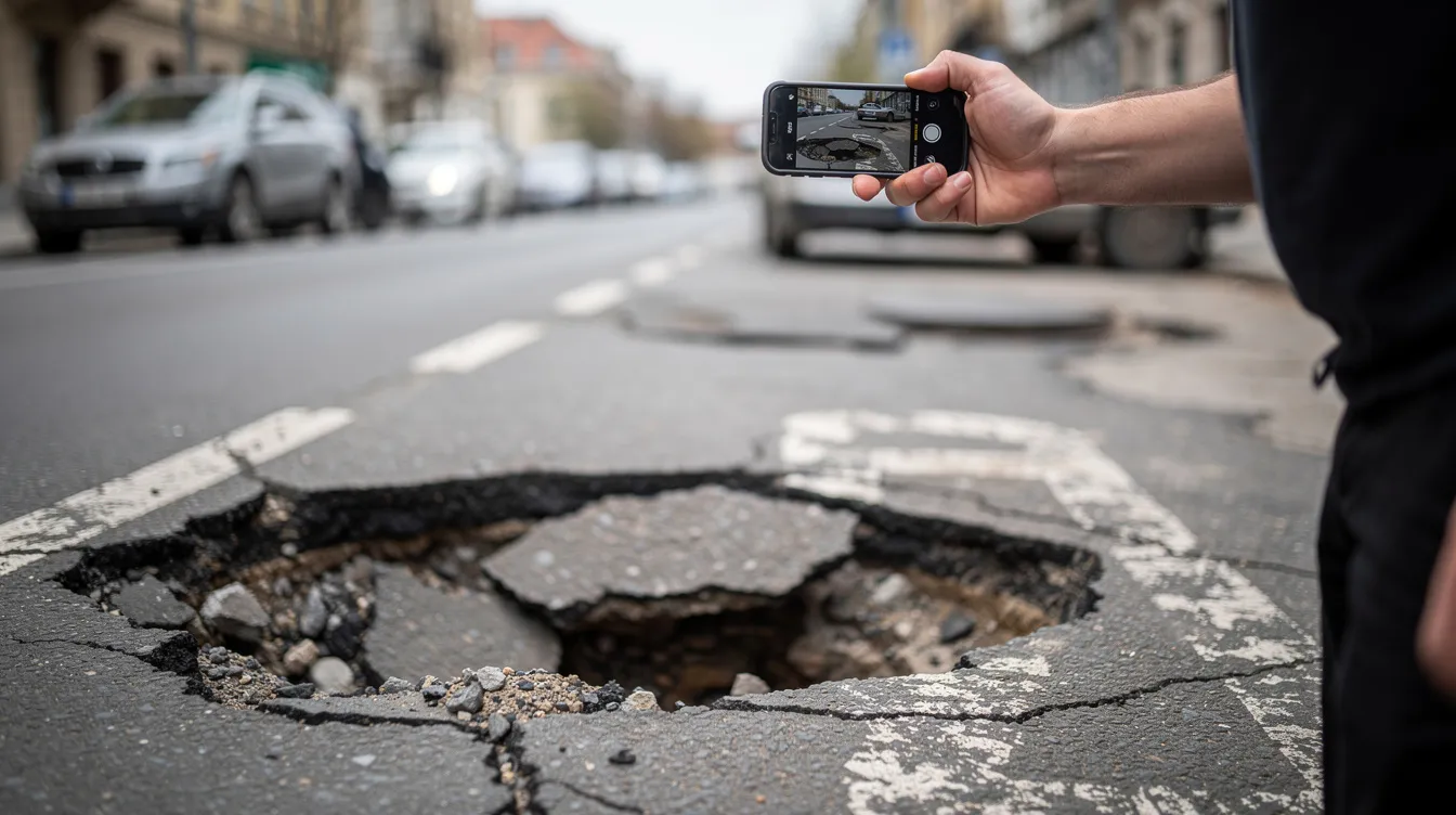 A person is using a smartphone to photograph a large pothole on an asphalt road surface, highlighting a dangerous condition that could lead to car accidents and serious injuries for Colorado drivers. This image emphasizes the importance of road maintenance and the potential need for legal representation in personal injury cases.