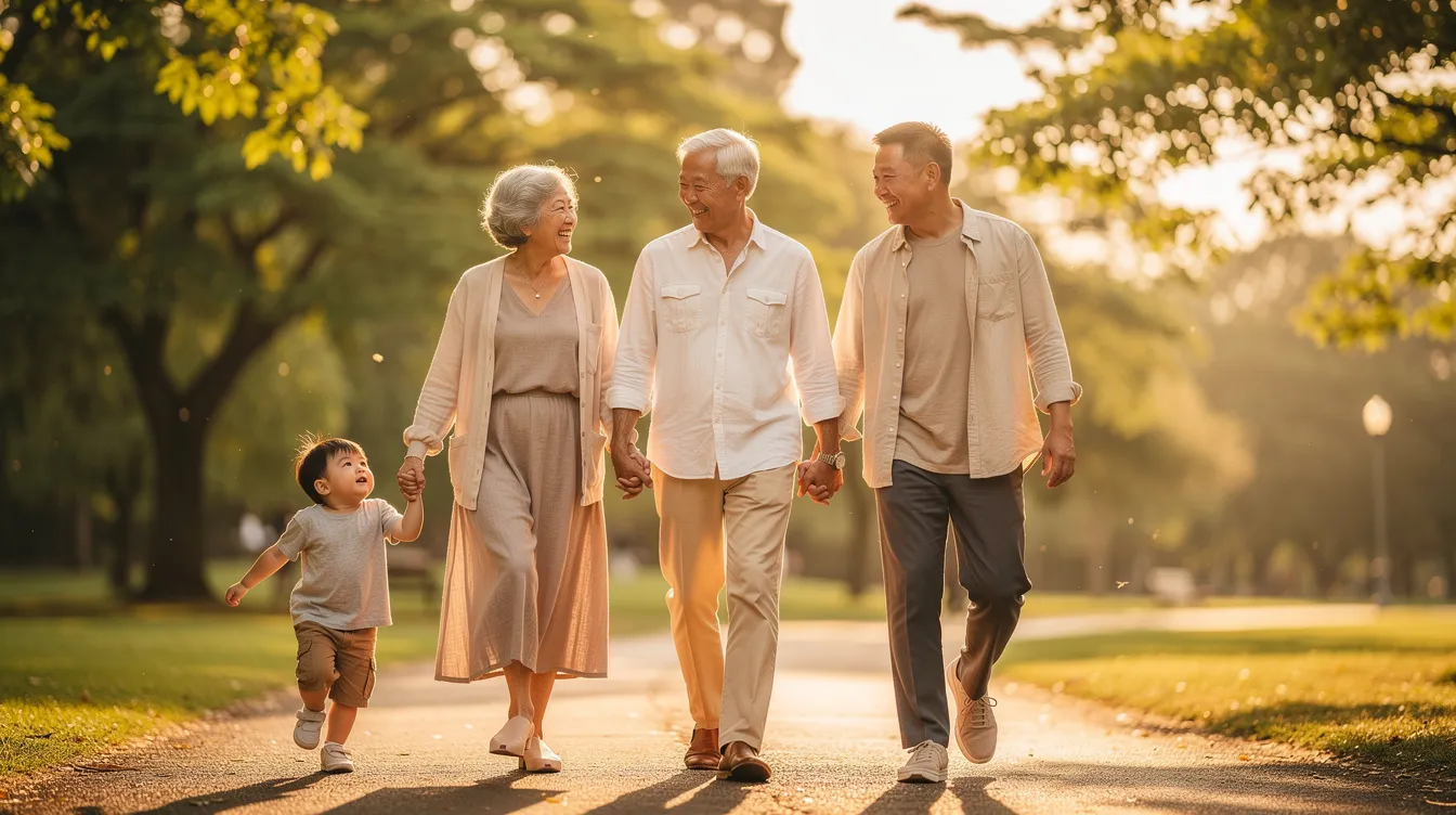 A multi-generational family, consisting of a grandparent, parent, and child, is walking together outdoors in a sunny park, enjoying each other's company and creating lasting memories. This scene reflects the importance of family bonds and the potential for estate planning, such as utilizing trust-owned annuities for future financial security.