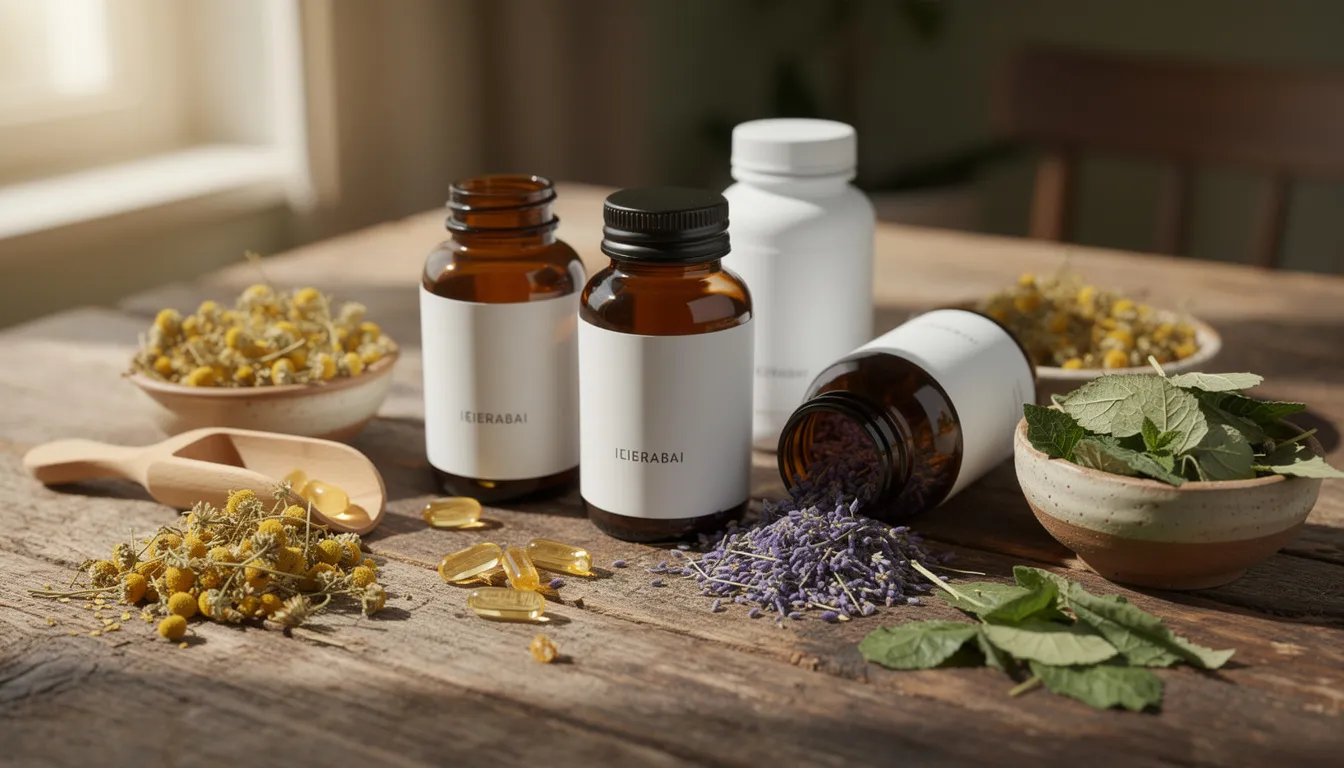 The image features an assortment of herbal supplement bottles, capsules, and dried herbs elegantly arranged on a rustic wooden table, showcasing various dietary supplements that promote complementary and integrative health. This display highlights the diversity of herbal remedies and their potential health benefits, inviting exploration into the world of herbal medicine.