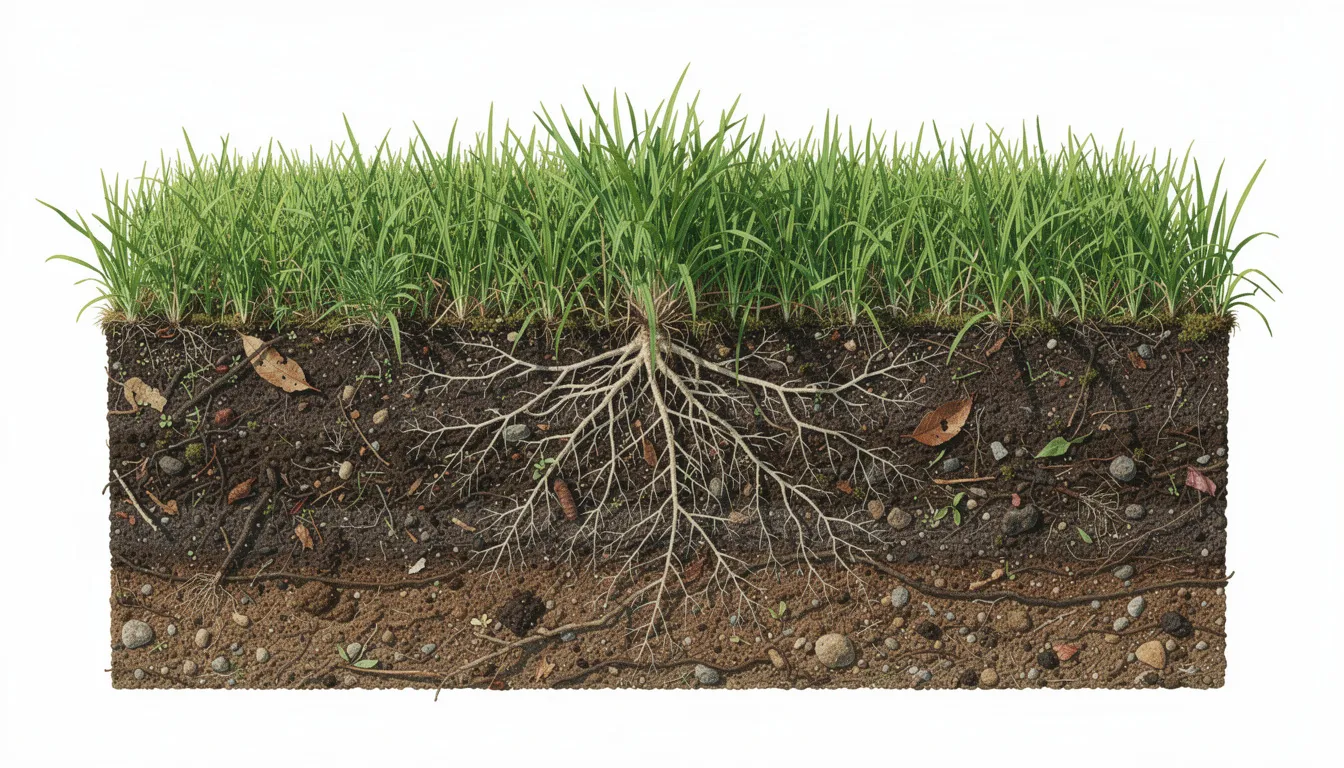 The image shows a cross-section view of healthy grass roots thriving in dark, rich soil, highlighting the intricate structure that supports robust plant growth. The healthy lawn is surrounded by beneficial microbes and mycorrhizal fungi, indicating a thriving ecosystem that enhances soil health and nutrient retention.