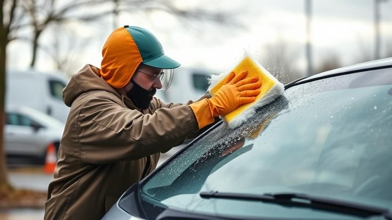 A person cleaning windshield to avoud glare