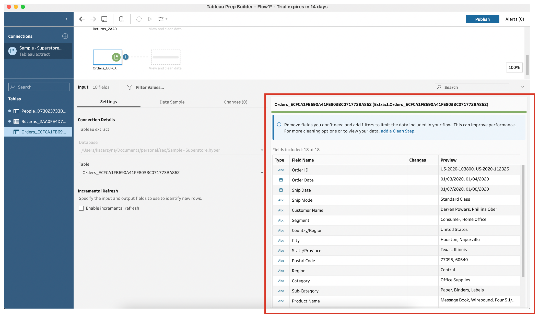 Profile pane in Tableau Prep Builder