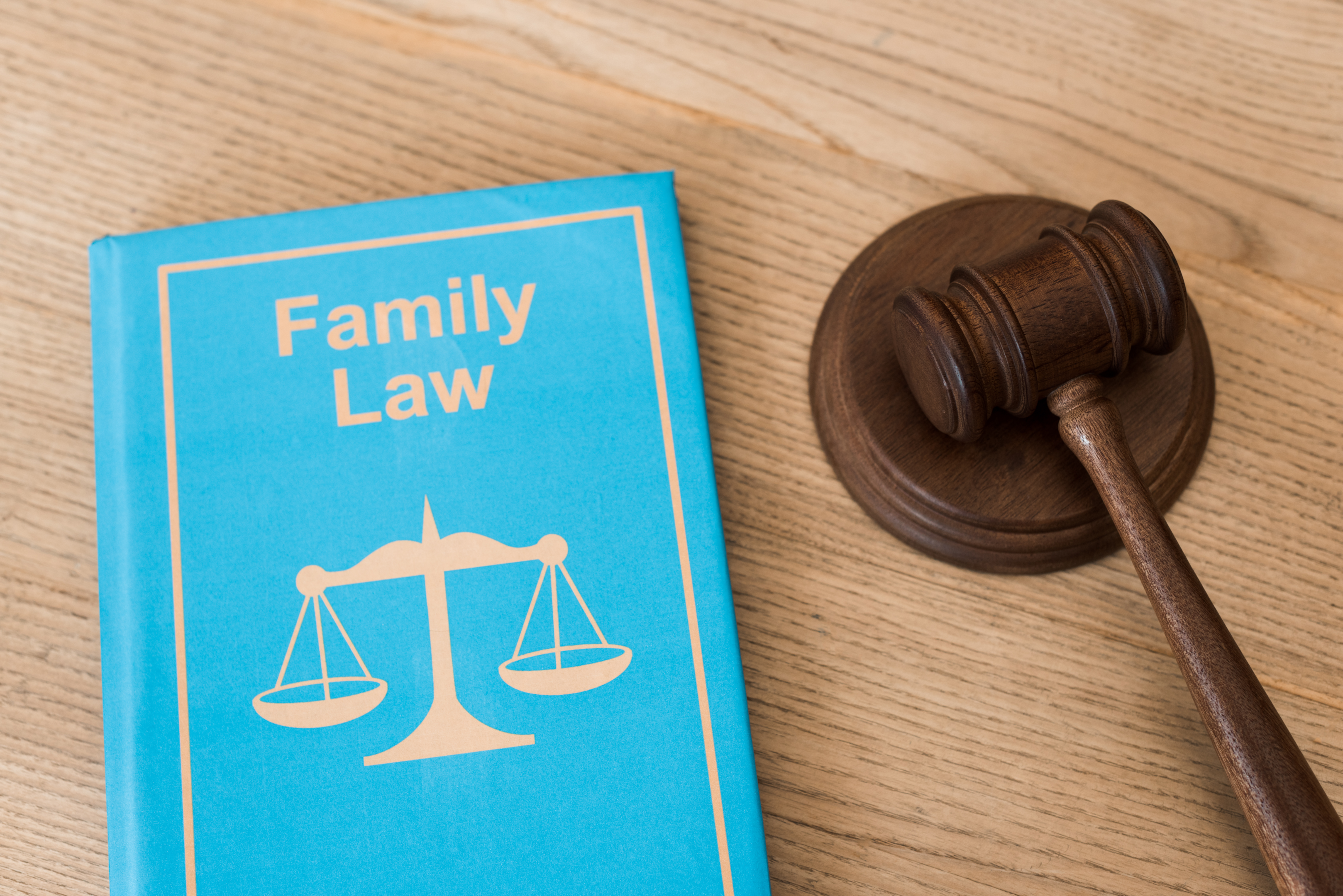 "Wooden gavel beside a book titled 'Family Law' on a desk."